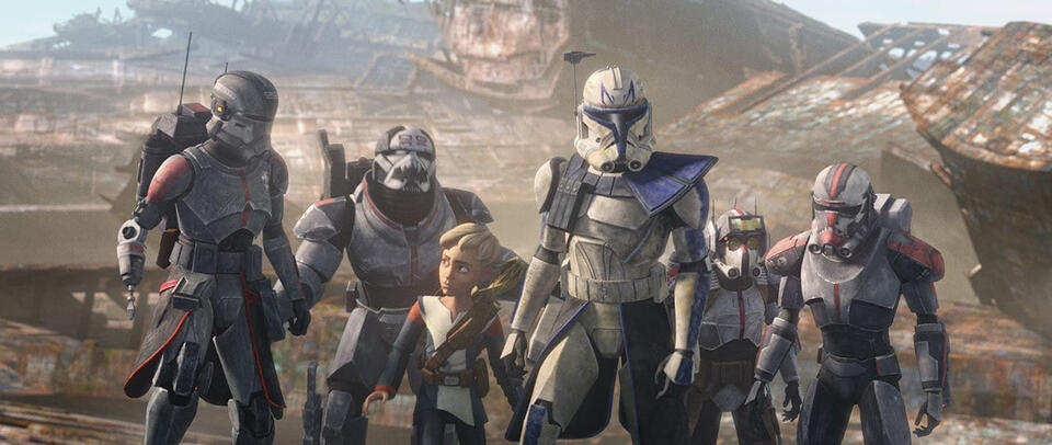 screencap from the bad batch ep7 "Battle Scars": (left to right) echo, wrecker, omega, rex, tech and hunter on Bracca