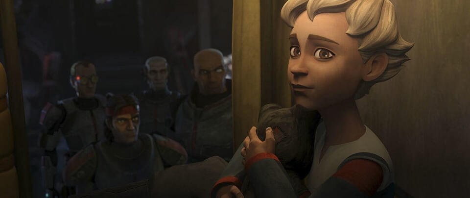 screencap from TBB, episode 3 "Replacements", when Omega gets in her new room and the rest of the batch is looking at her