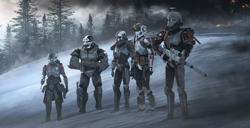 screencap from the bad batch, first episode on kaller: from left to right: echo, wrecker, hunter, tech and crosshair