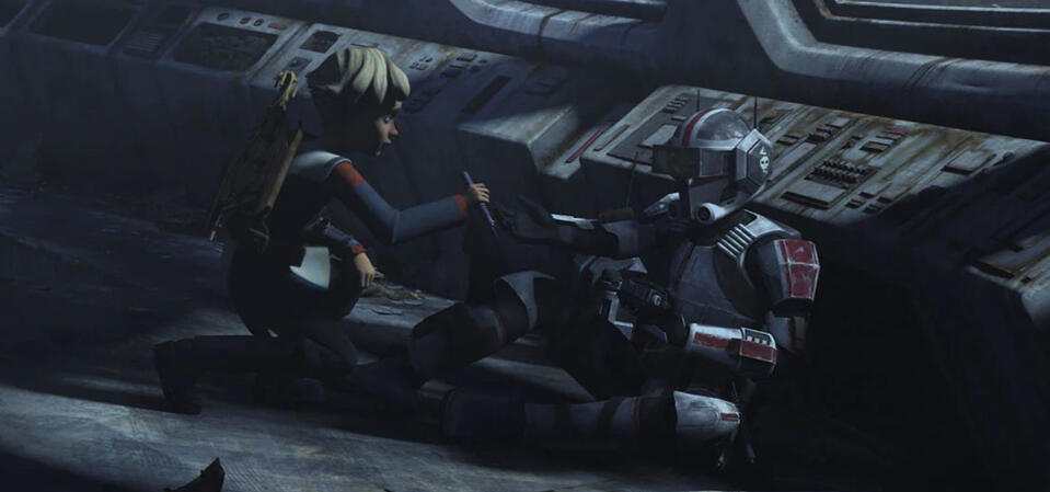 screencap from the bad batch, episode 8 "reunion", Omega and Tech sitting on the bridge of a crashed venator ship